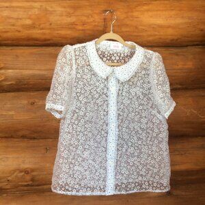 Savida Sheer Floral White Feminine Whimsy Ruffled Cottagecore Top Size Large*